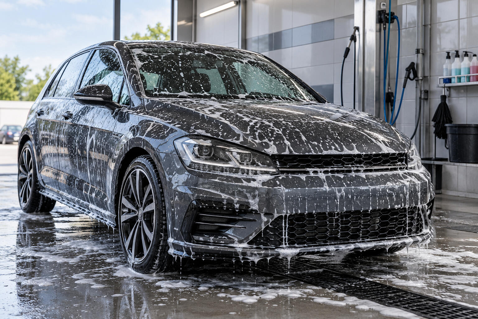 AI-generated car wash illustration AI-generated illustrative car in a dedicated wash bay covered with washing foam.